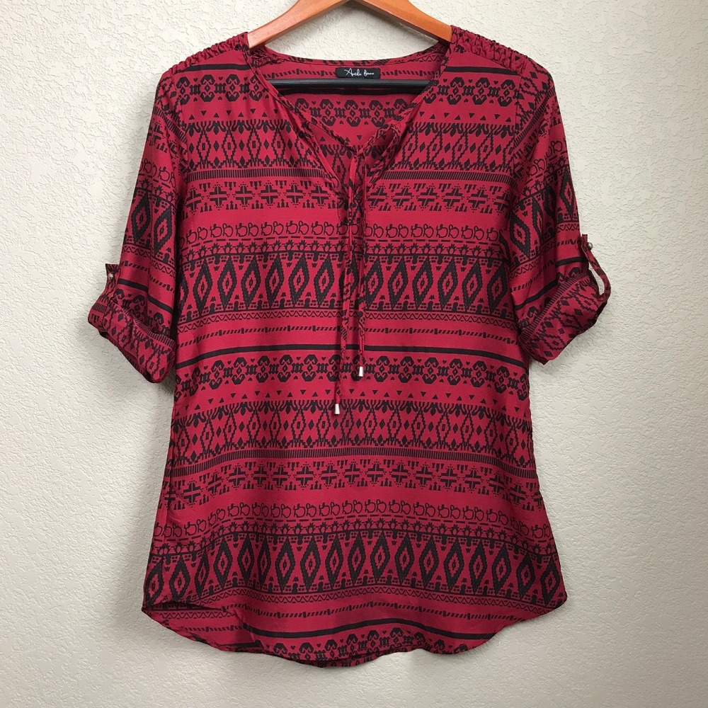 Antilia Femme Black & Red Print Boho Style Top